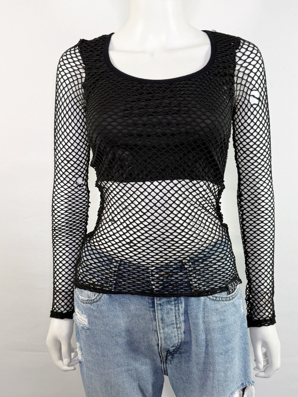 Killstar Black Fishnet Mesh Top Grunge Goth Sheer Distressed Long Sleeve Size S